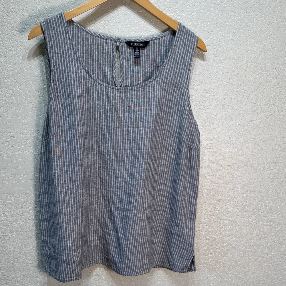 Ellen Tracy Women's Large Gray Striped Sleeveless Round‎ Neck Button Tank Top